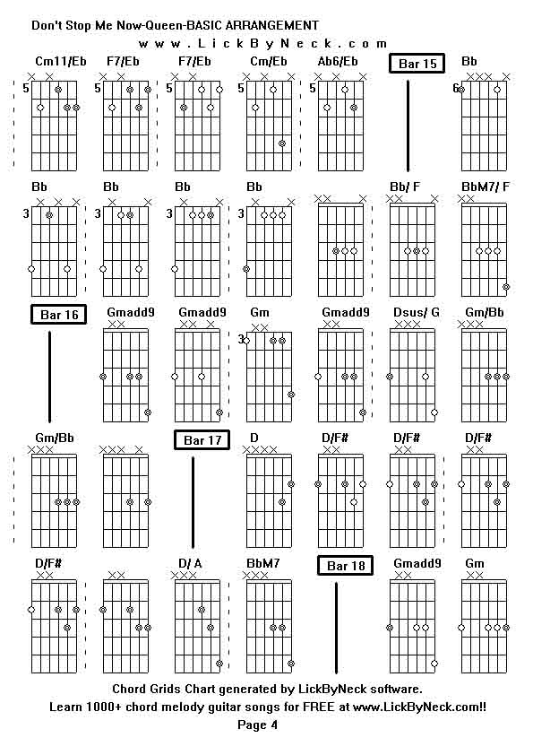 Chord Grids Chart of chord melody fingerstyle guitar song-Don't Stop Me Now-Queen-BASIC ARRANGEMENT,generated by LickByNeck software.